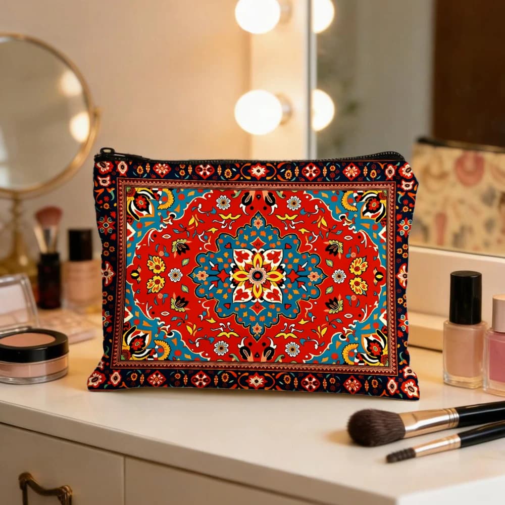 Borse per il trucco con motivo floreale mandala rosso e blu per ragazze, pochette per cosmetici, borsa da toilette, astuccio per matite, custodia da viaggio