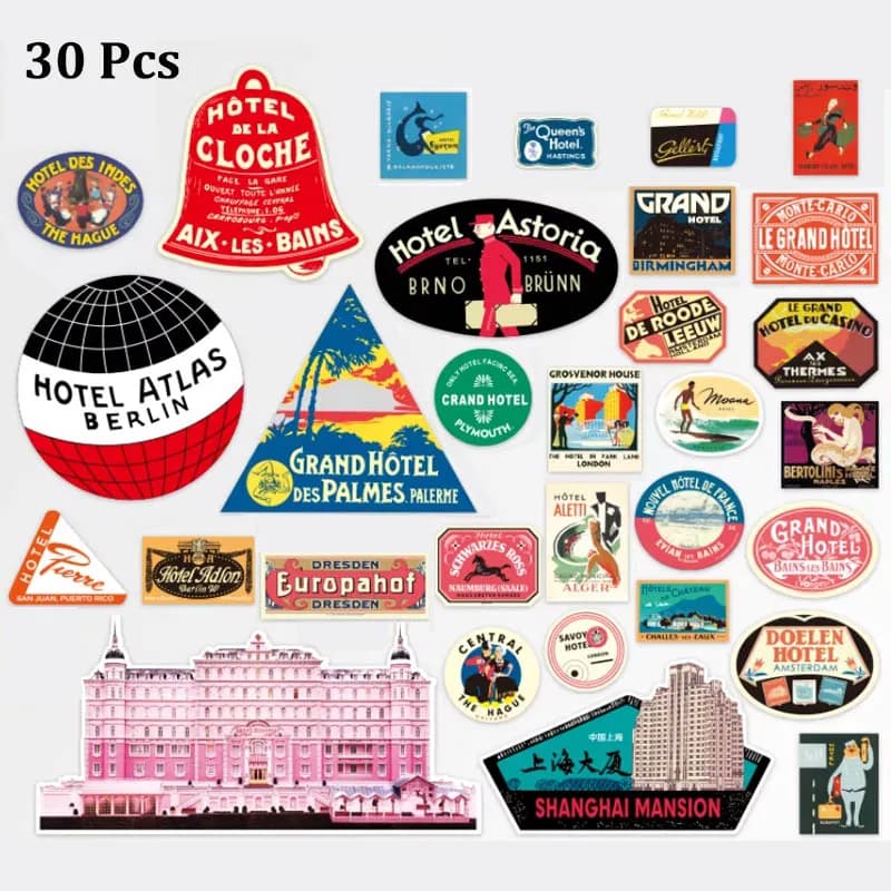 30 Pezzi Adesivi Artistici Retrò per Hotel, Decalcomanie Commemorative da Viaggio, Adesivi Lucidi Impermeabili per Valigie, Laptop, Scatole Portaoggetti, Chitarre