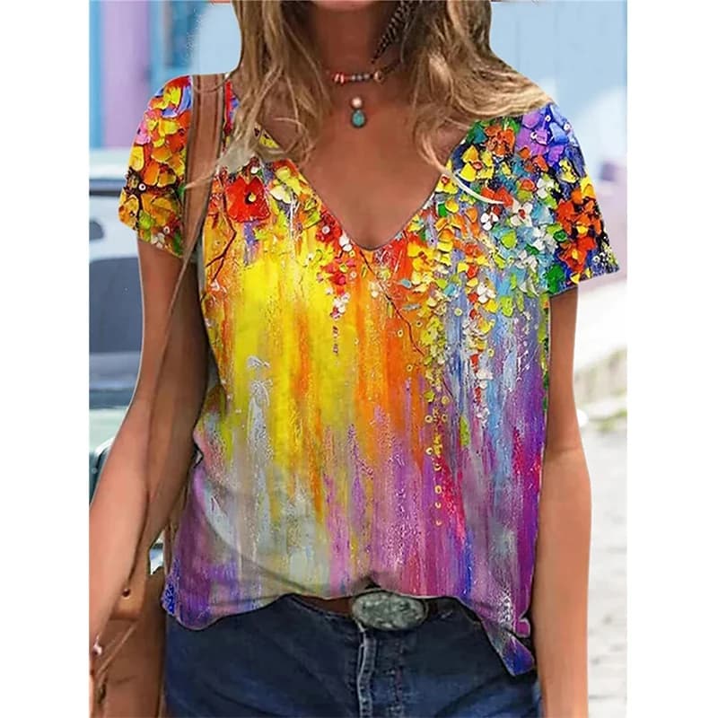 New Flower Floral 3D Print T-shirt donna scollo a v manica corta Tees Y2k top Streetwear Harajuku magliette oversize abbigliamento donna