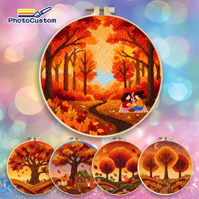 PhotoCustom Autumn Tree Diy Needle Punch Kit For Adults Fun Crafts For Adults Landscape Punch Needle Starter Kit Threader, Yarns