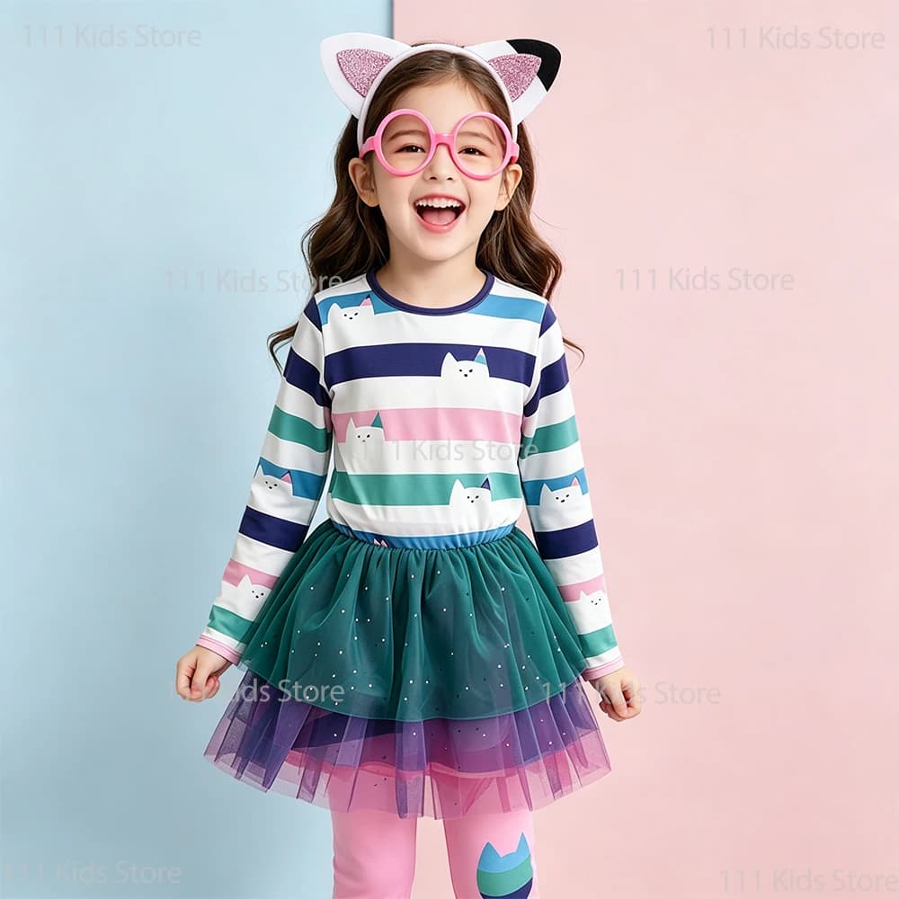 Rainbow Mesh Sets for Children Cat Striped Dress+Leggings+Glasses+Headband Girls Summer Suit Birthday Gift Carnival Outfits