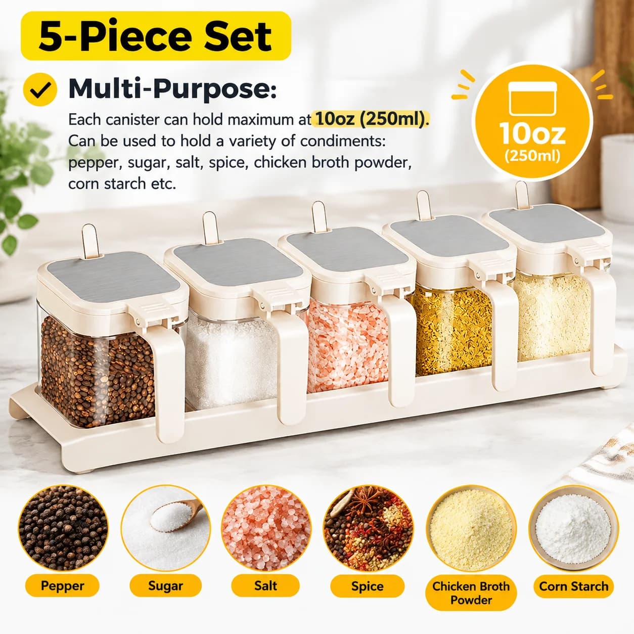 1/5 Pack Condiment Jars Spice Containers with Lids and Spoons 8.6oz Capacity Clear Glass Seasoning Condiment Pots for Kitchen