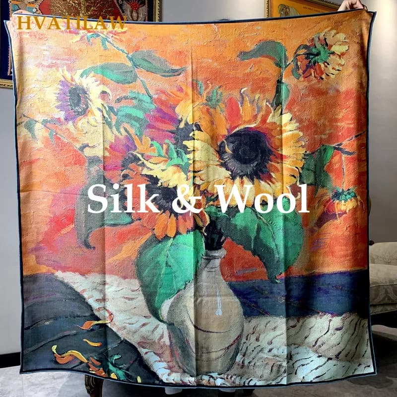 Elegant 30% Silk 70% Wool Scarf 135x135cm Women Square Scarf Designer Print Warm Winter Shawl Wrap Pashmina Poncho Stole Echarpe