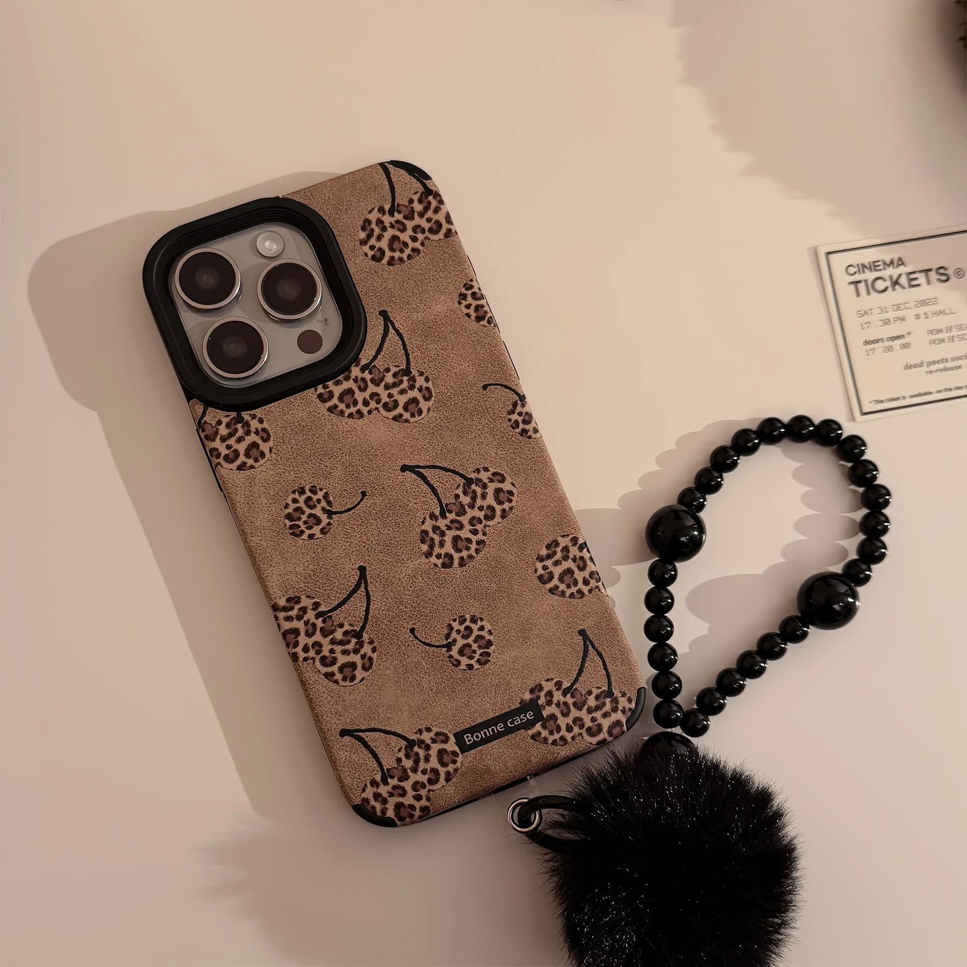 Custodia per telefono di lusso con stampa leopardata e texture in pelle ciliegia per iPhone Air 11 12 13 14 15 16 17 Pro Max con cinturino e protezione antiurto