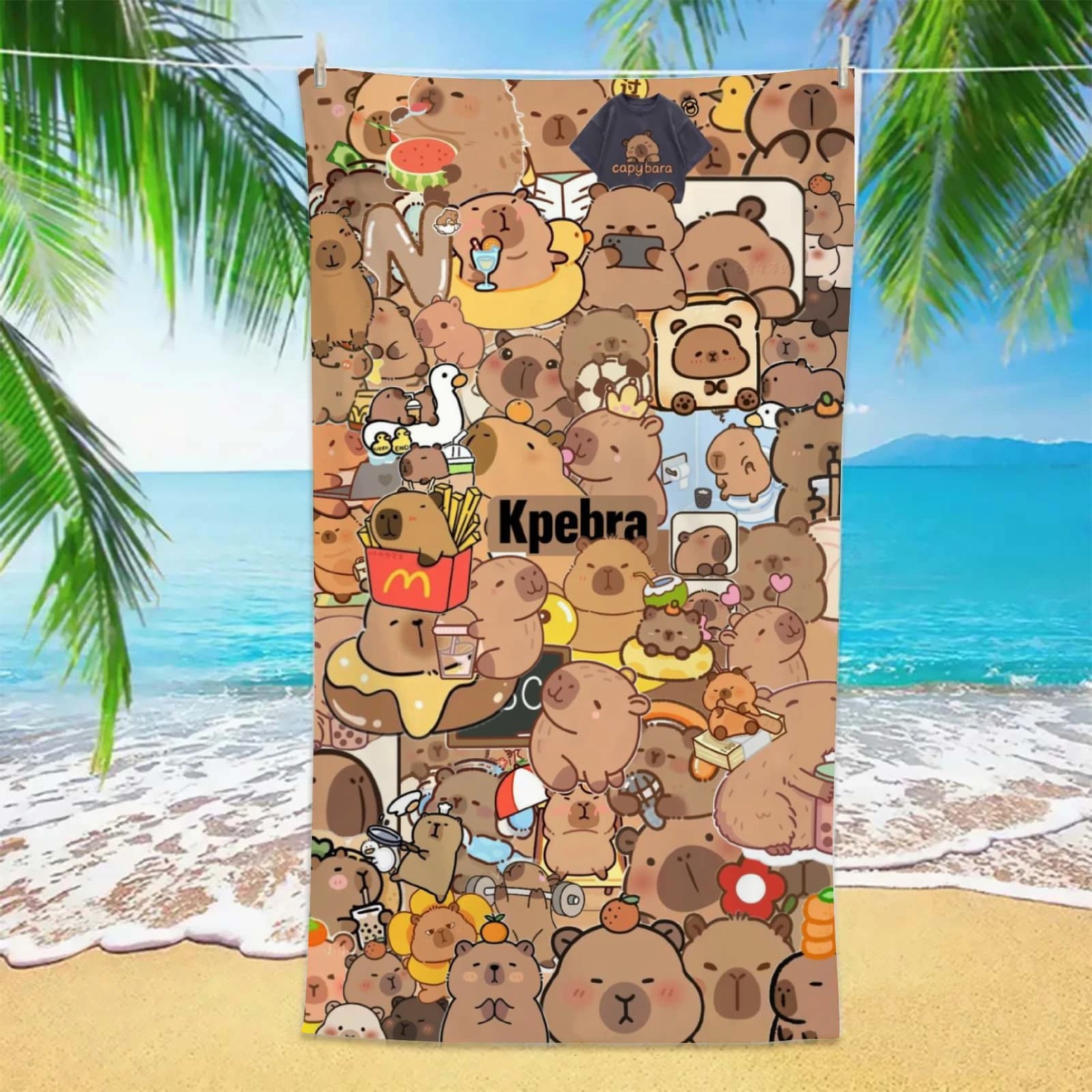 Asciugamano da spiaggia Sweet Capybara, 1 pezzo, con stampa collage di cartoni animati, morbido, assorbente, leggero, per spiaggia, piscina, viaggi, bambini, estate