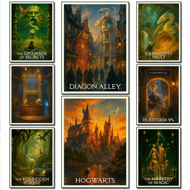 Classic Fantasy Art Magic Academy Dark Diagon Alley / Hagrid’s Hut Retro Posters Canvas Paintings Wall Art Pictures Home Deco