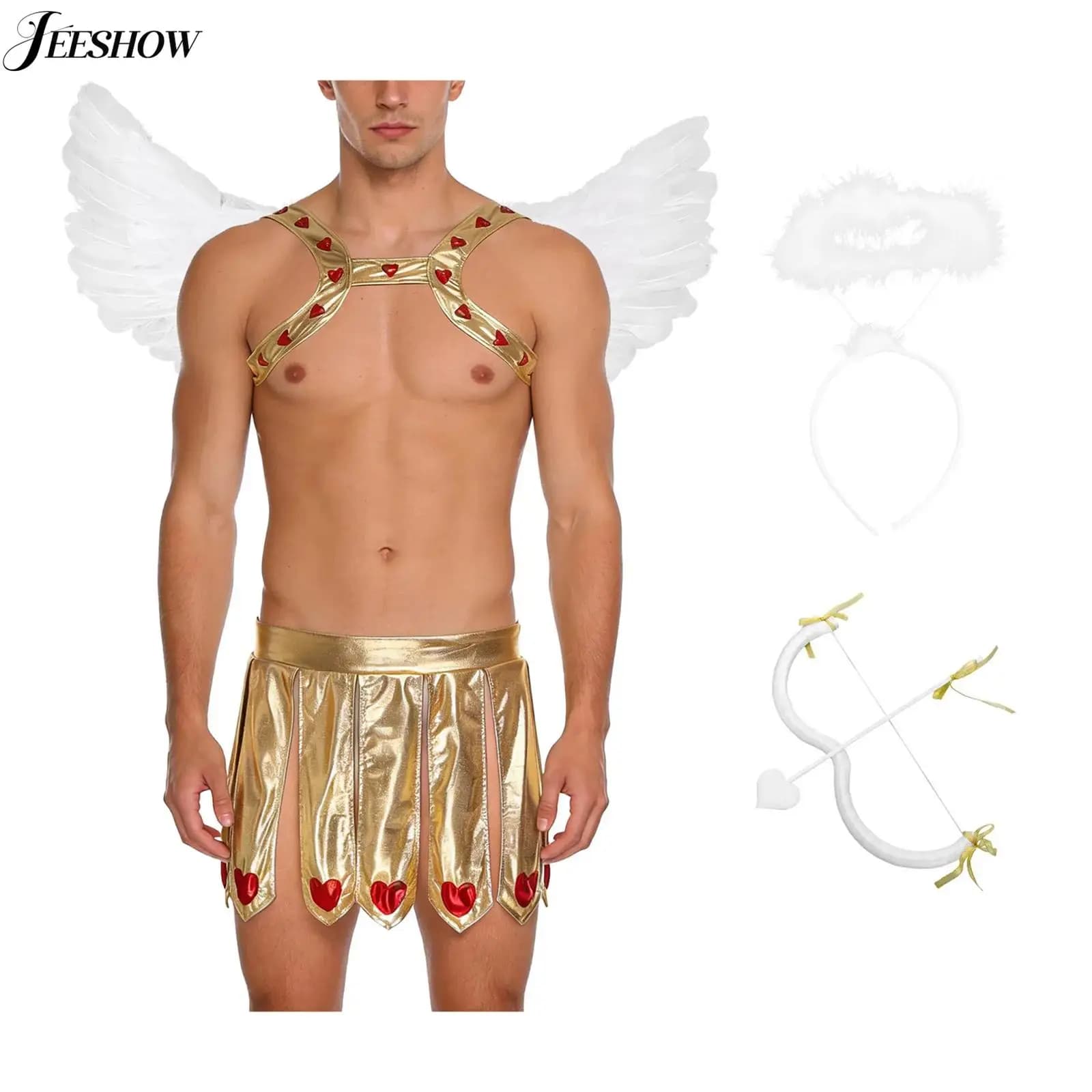 Costume da Cupido per Uomo, Set 5 Pezzi, Travestimento Amore di Dio, Imbracatura Metallica Lucida con Gonna con Spacco, Ali, Copricapo, Arco e Freccia
