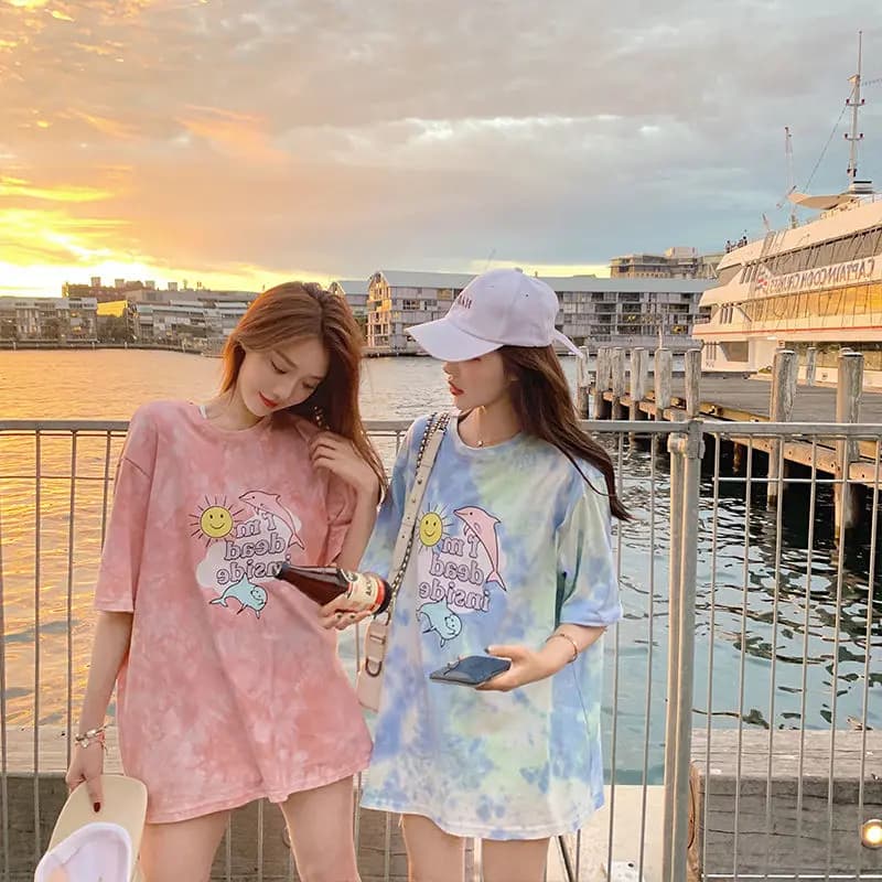 Dyed Short Sleeve Printed T-Shirt Women's Loose Fit Summer Trendy BFF Matching Clothes Korean Style round Neck Casual Wear