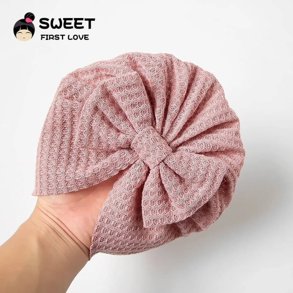 Waffle Bowknot neonata turbante per neonati morbido cotone fiocco neonato Beanie fasce per bambini accessori per capelli per bambini
