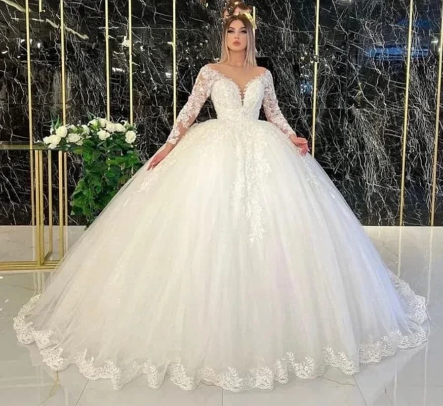 Abiti da Sposa Personalizzati con Scollo a V, Applicazioni in Pizzo, Maniche Lunghe, Strascico, Stile Principessa, Vestito da Sposa