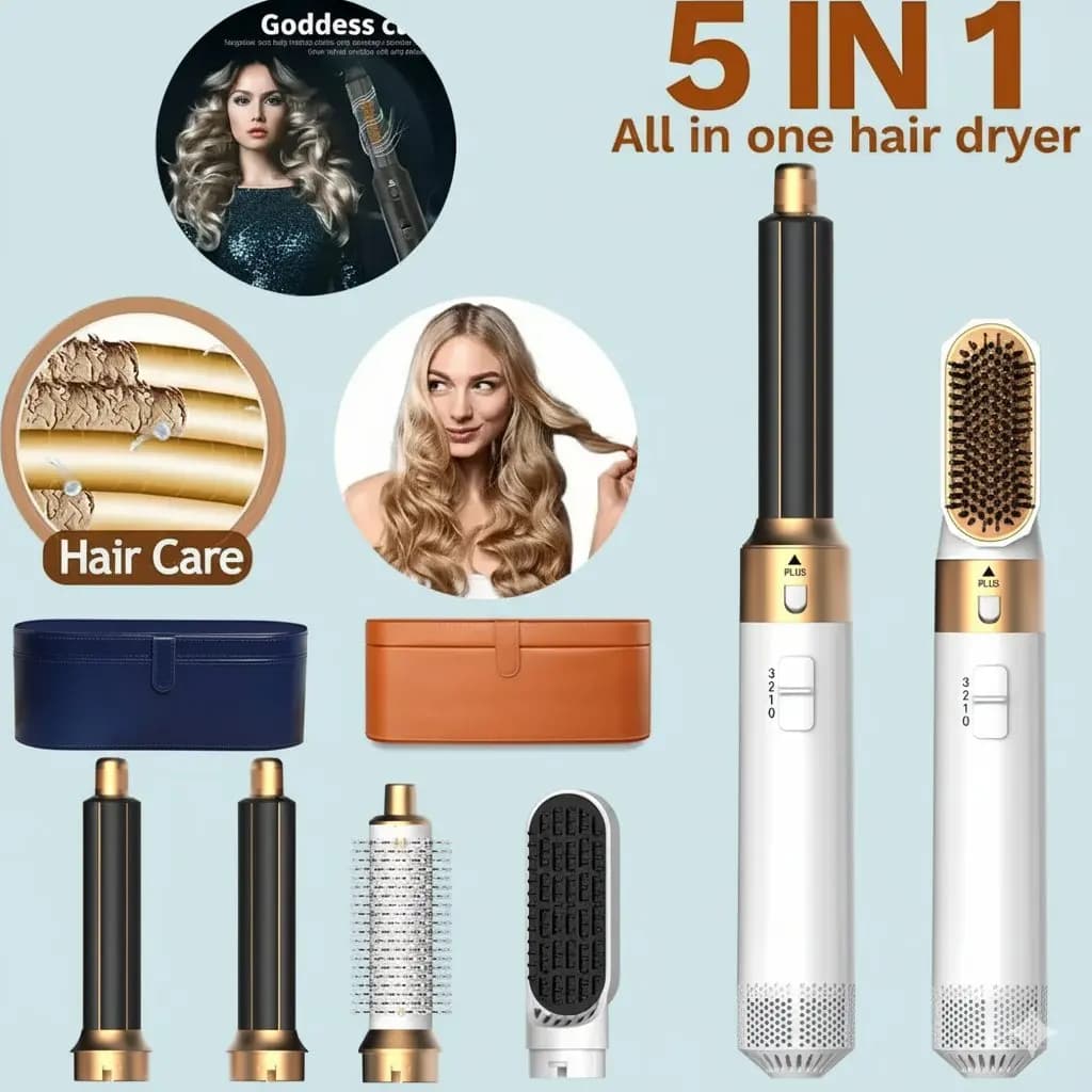 Set 5 in 1 Hair dryer and comb Professional heated, Iron Haircutting and Straightener, Styling Tool for Professional and Domestic Use