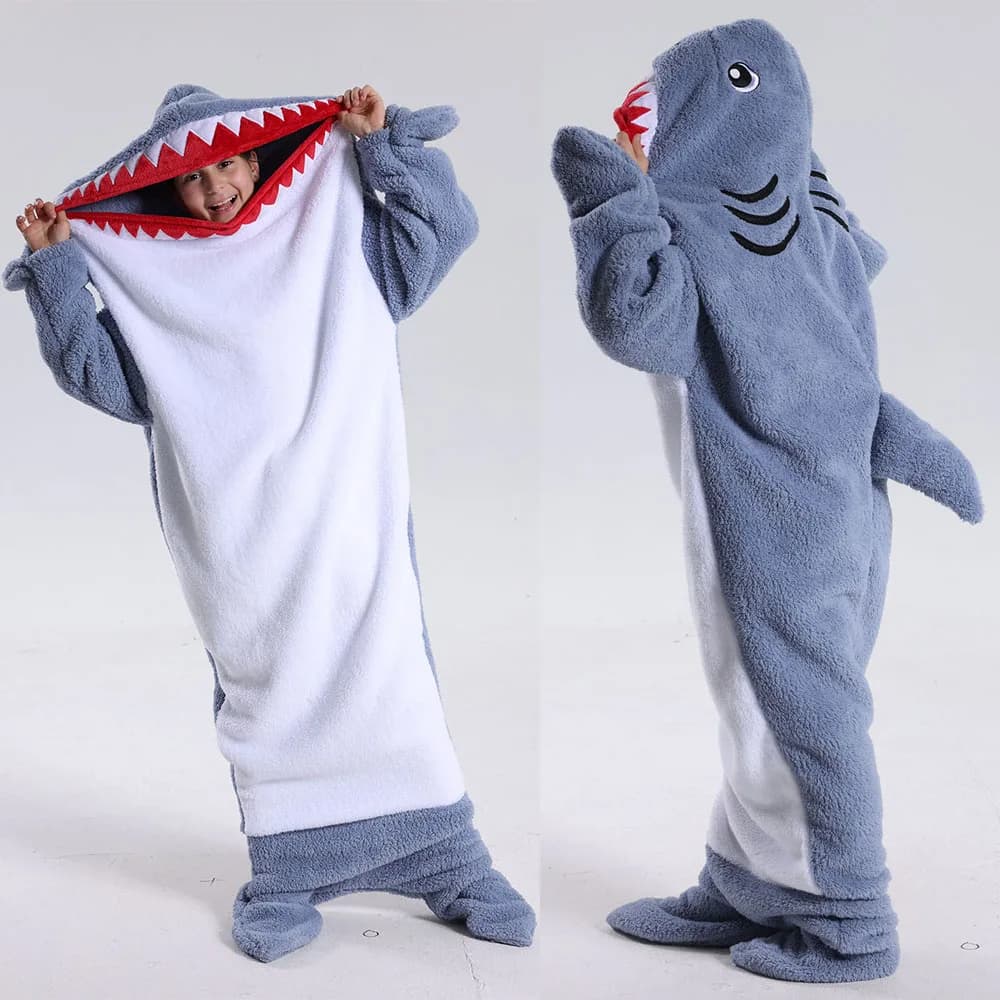 Shark felpa con cappuccio coperta in pile Sherpa per adulti indossabile inverno caldo coperte tutina divertente uomo donna sacco a pelo per la festa di sonno