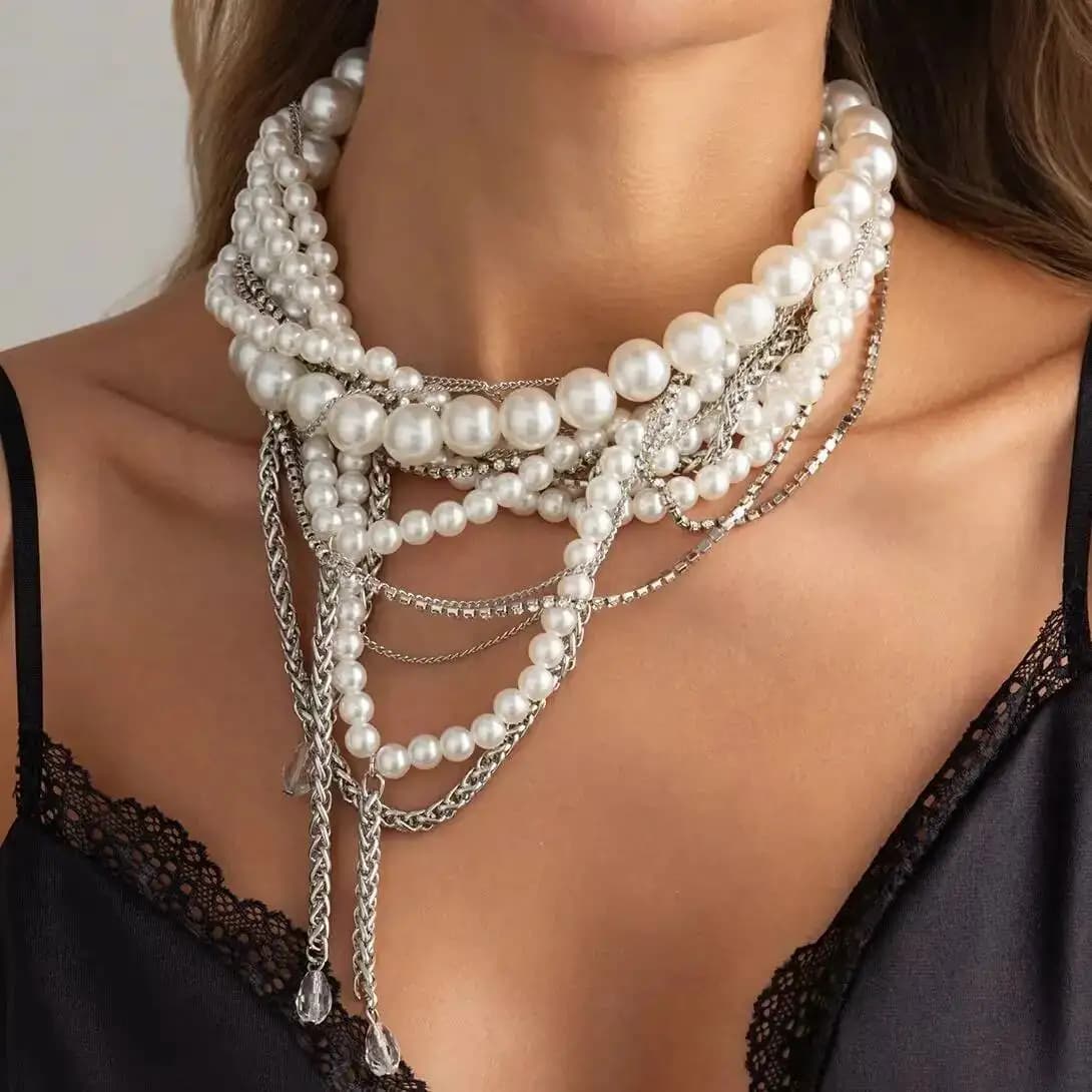 Ingemark Exaggerated Multi-layer Imitation Pearl Chunky Choker Necklace for Women Retro Luxury Wedding Neck Jewelry Accessories