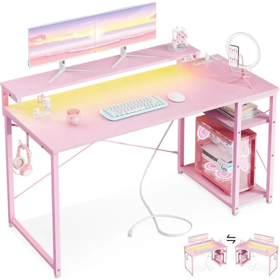 Scrivania da gioco da 48 pollici con luci LED di archiviazione integrate Presa di corrente e supporto per monitor regolabile per giocatori e lavoratori remoti