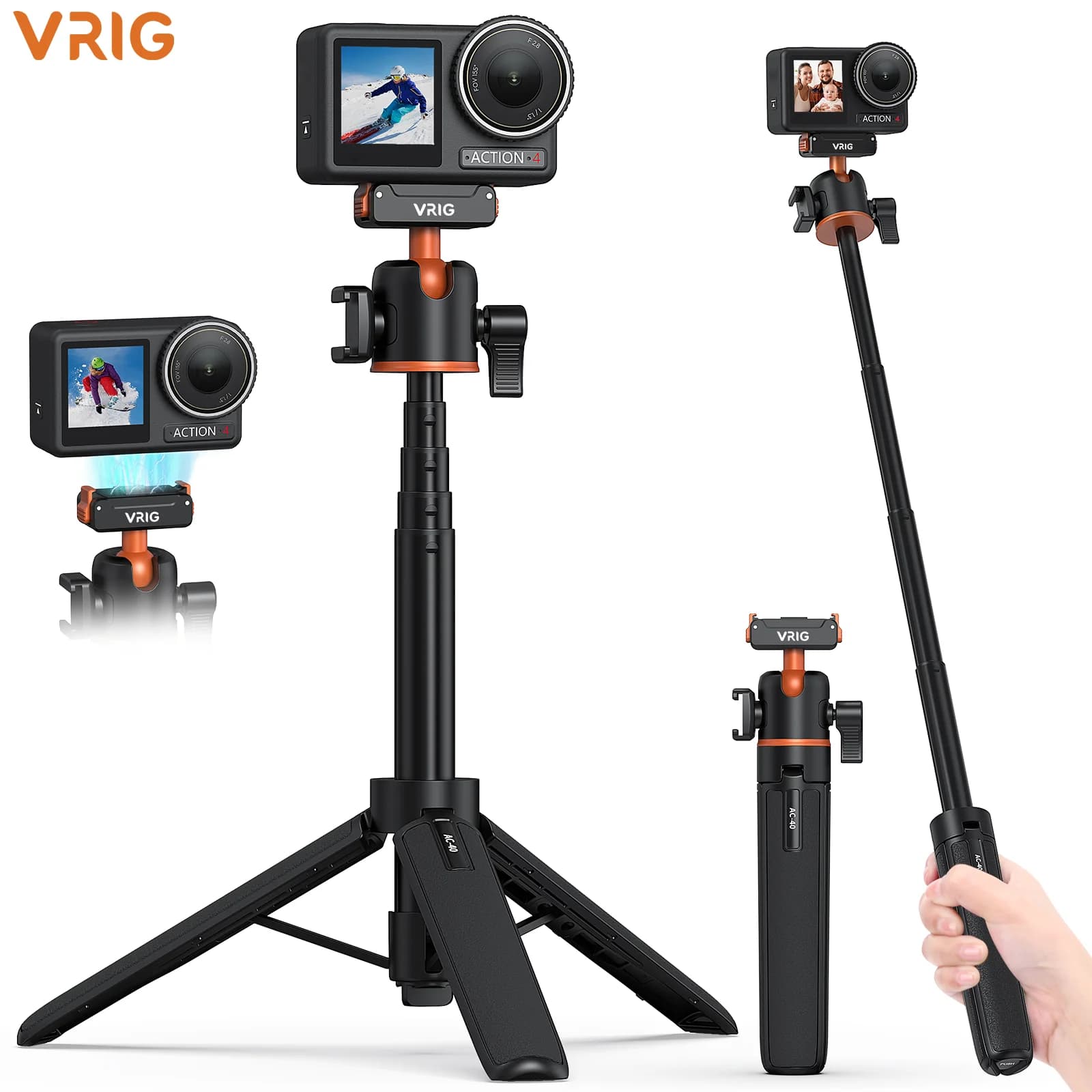 VRIG Magnetic Quick Release Extendable Tripod Selfie Stick 360 Ball Head Cold Shoe For DJI Action 6/5 Pro/4/3 NANO/Osmo360