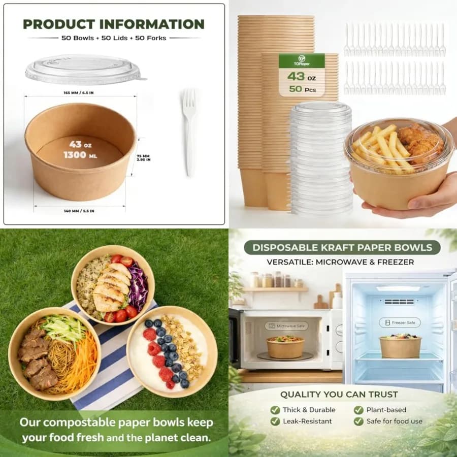50 Pezzi di Grandi Ciotole di Carta con Coperchi e Forchette, Contenitori Monouso Resistenti per Alimenti Caldi/Freddi, Zuppe, Ciotole Usa e Getta