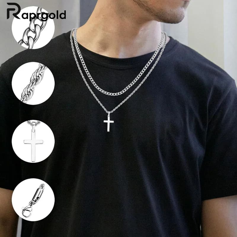 RAPRGOLD Collana con ciondolo croce in argento sterling 925 per uomini e donne Collana con corda cubana a doppio strato Regali di gioielleria raffinata collares
