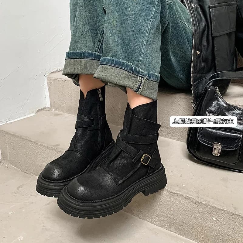 2026 new autumn winter women amkle boots 22-25cm cowhide upper round toe side zip belt buckle fashion short boots