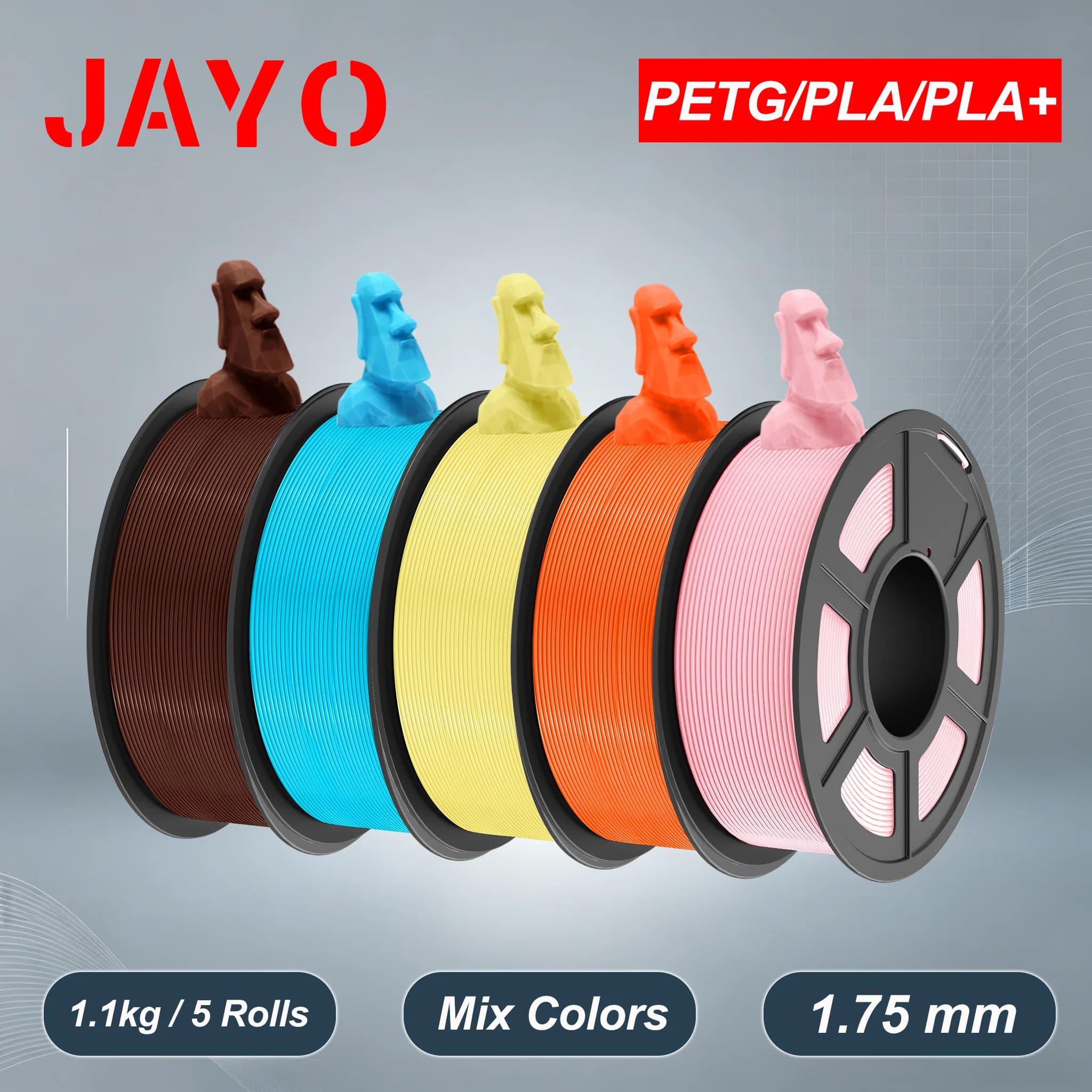 JAYO 3D PETG/PLA/PLA+ Filament 1.75mm +/-0.02mm PLA Filament 5 Rolls For Bambu FDM 3D Printer Neatly Wound 3D Printing Material