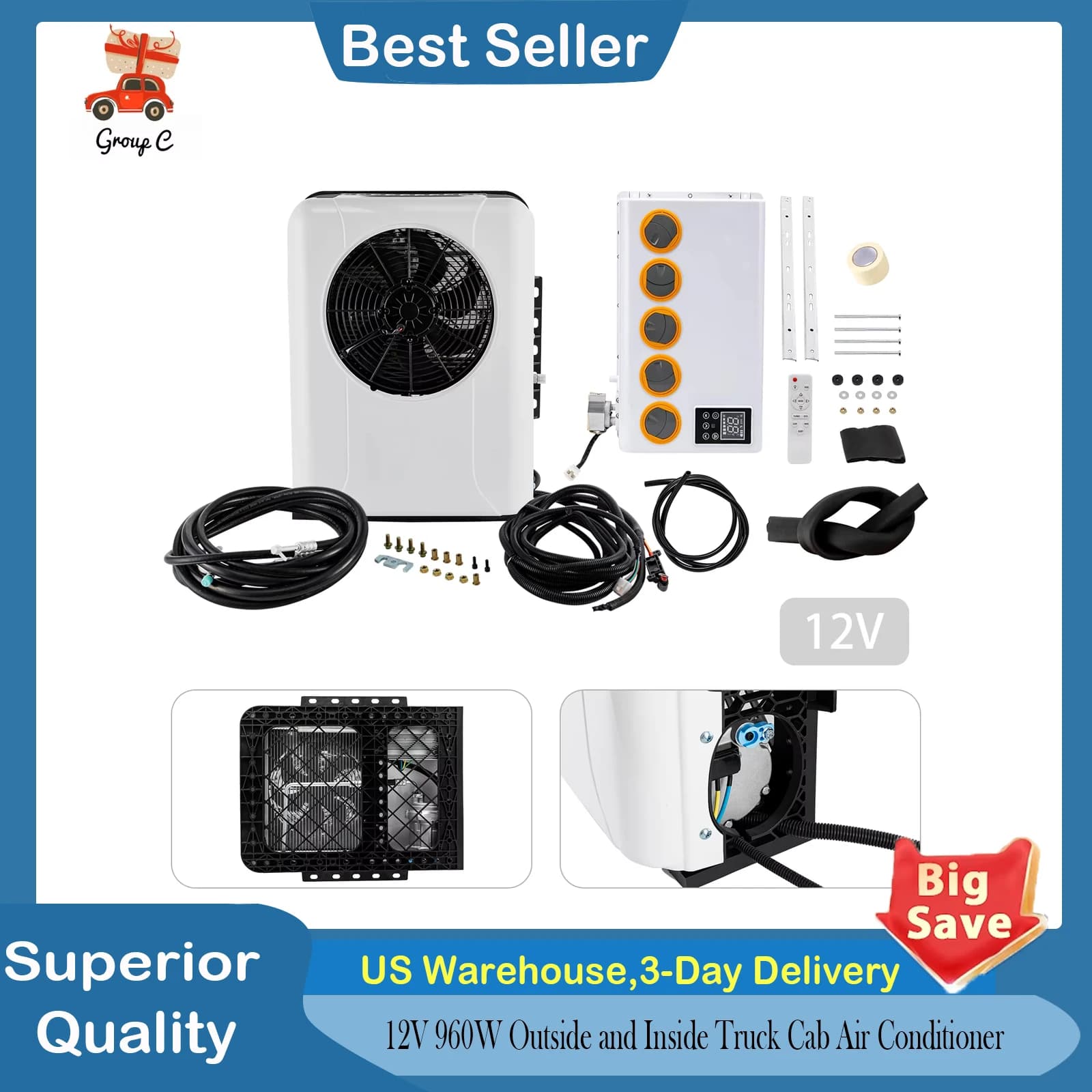 Kit condizionatore d'aria bianco diviso per cabina esterna e interna da 12 V 960 W e telecomando per cabina entro 6 ㎡