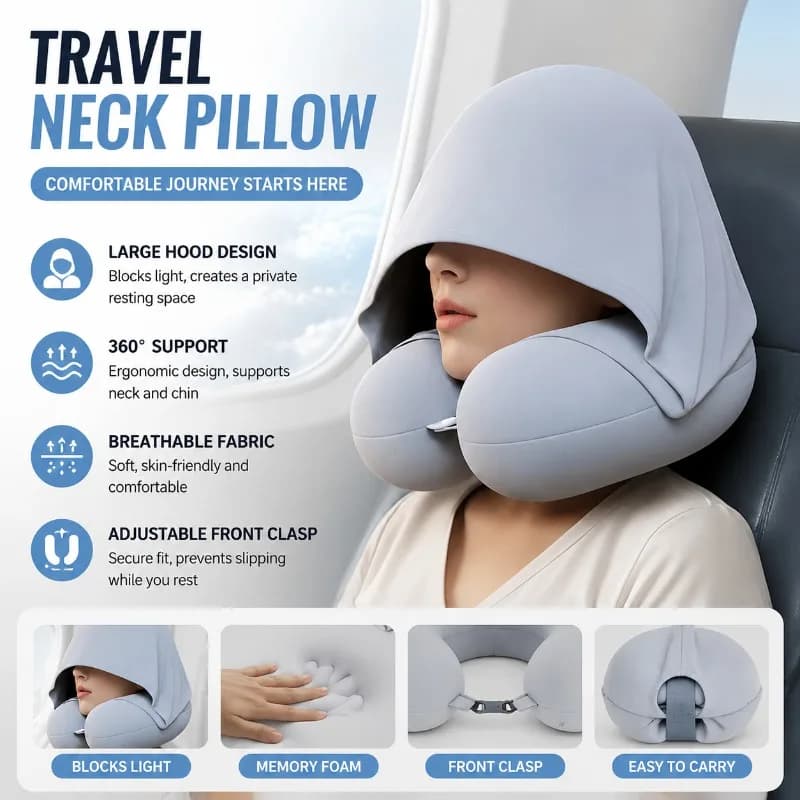 Summer Ice Silk Hooded U-Shaped Neck Pillow, Portable Comfort Neck Support Cushion for Car Plane Travel Office Napping Sleep