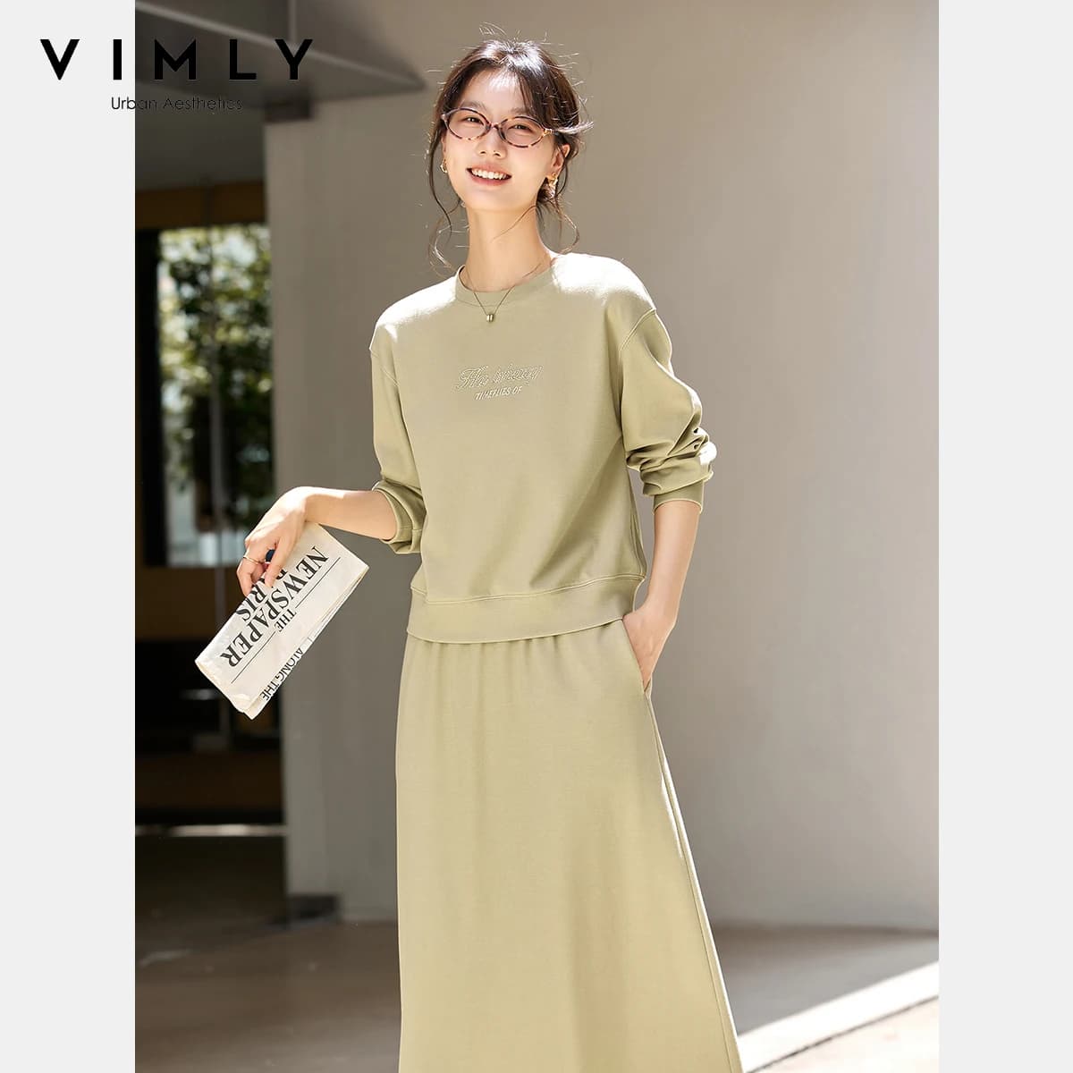 VIMLY Completo Gonna 2 Pezzi Donna Autunno 2026 Sportivo Verde Manica Lunga Ricamo Lettere Maglione Lavorato a Maglia Gonne Dritte A2097
