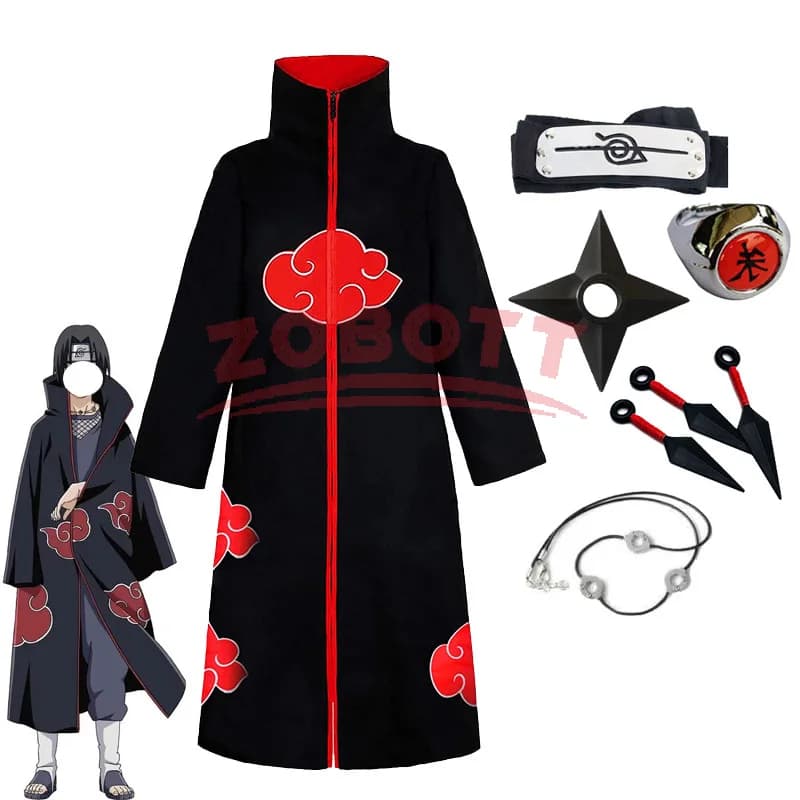 Cosplay Costume by Kakashi, Akatsuki Mantle, Uchiha Itachi Sharingan Hair Band, Necklace, Ring, Kunai, Carnival costume