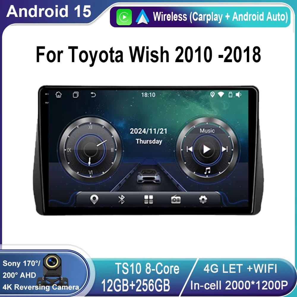 Car Android Radio For Toyota Wish 2010 -2018 Player Head Unit Multimedia Carplay Auto Screen 4G No 2din DVD Navigation GPS BT 2K