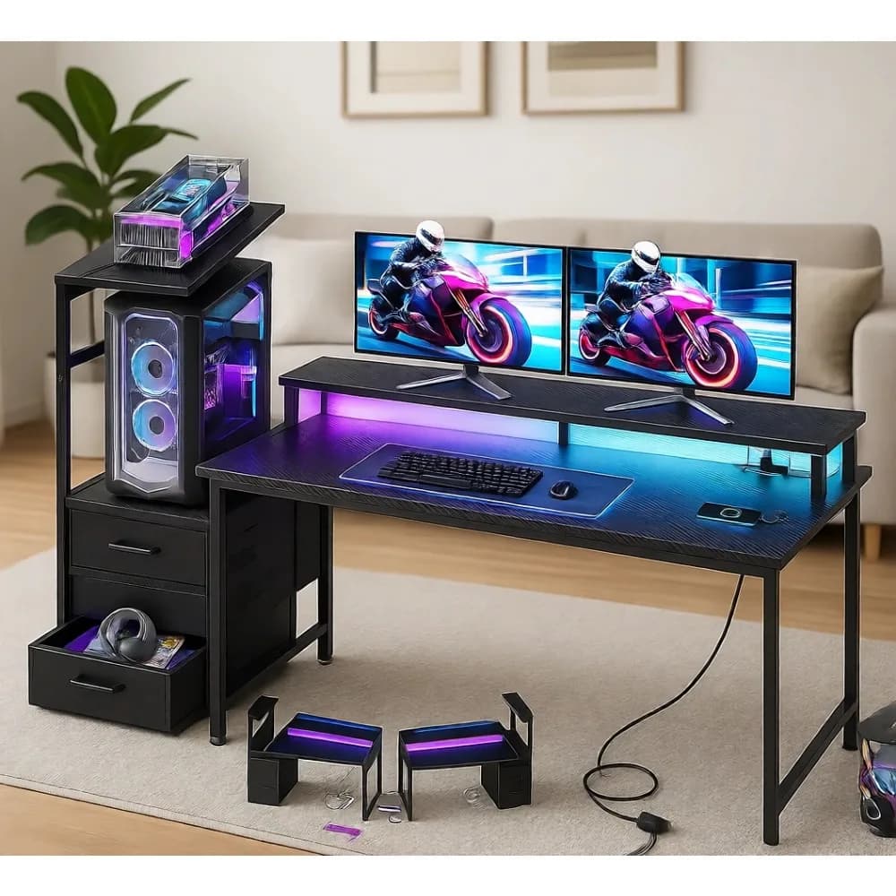 59 Inch Gaming Desk with USB Charging Ports and LED Light - Modern Reversible Desk with 3 Drawers, Monitor and CPU Stands