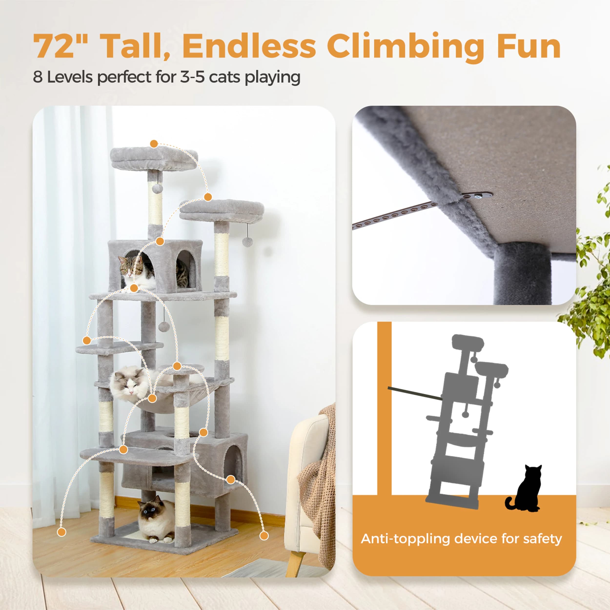 Grande albero e torre per gatti da 184 cm per gatti da interno - Con tiragraffi rivestiti in sisal, posatoi imbottiti, condotti e cestino