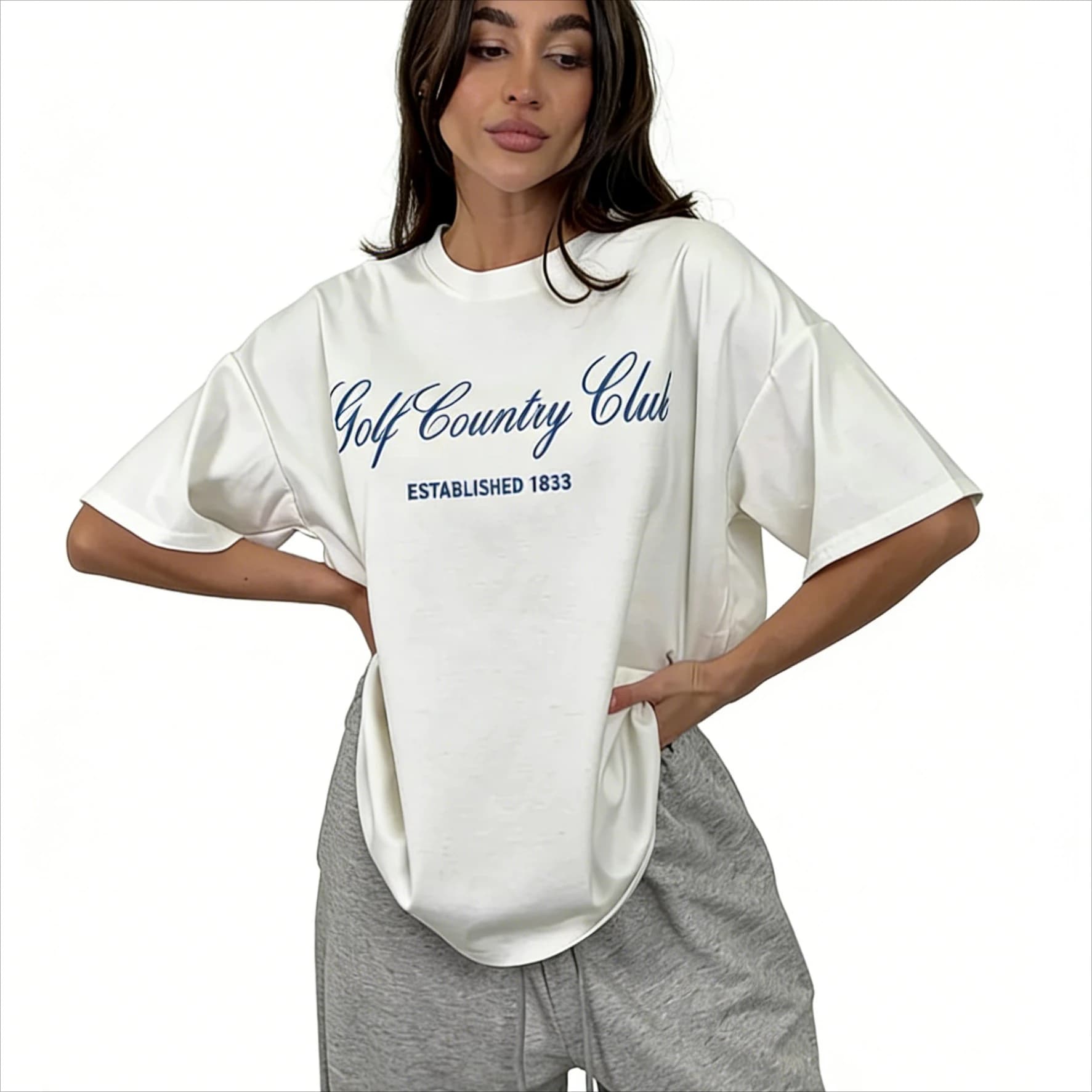 T-shirt premium in morbido cotone con stampa Golf Club – T-shirt oversize da donna con grafica preppy, stile giovane e alla moda, streetwear sportivo