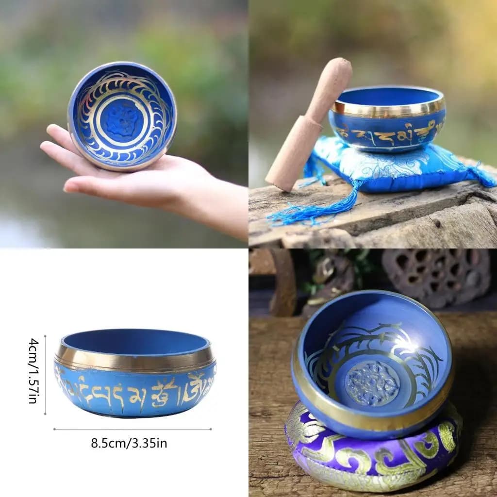 Nepal Tibetan Blue Buddhist Bowl Mallet Set Meditation Singing Bowls for Home Bedroom Temple Yoga Studio Decoration X3UC