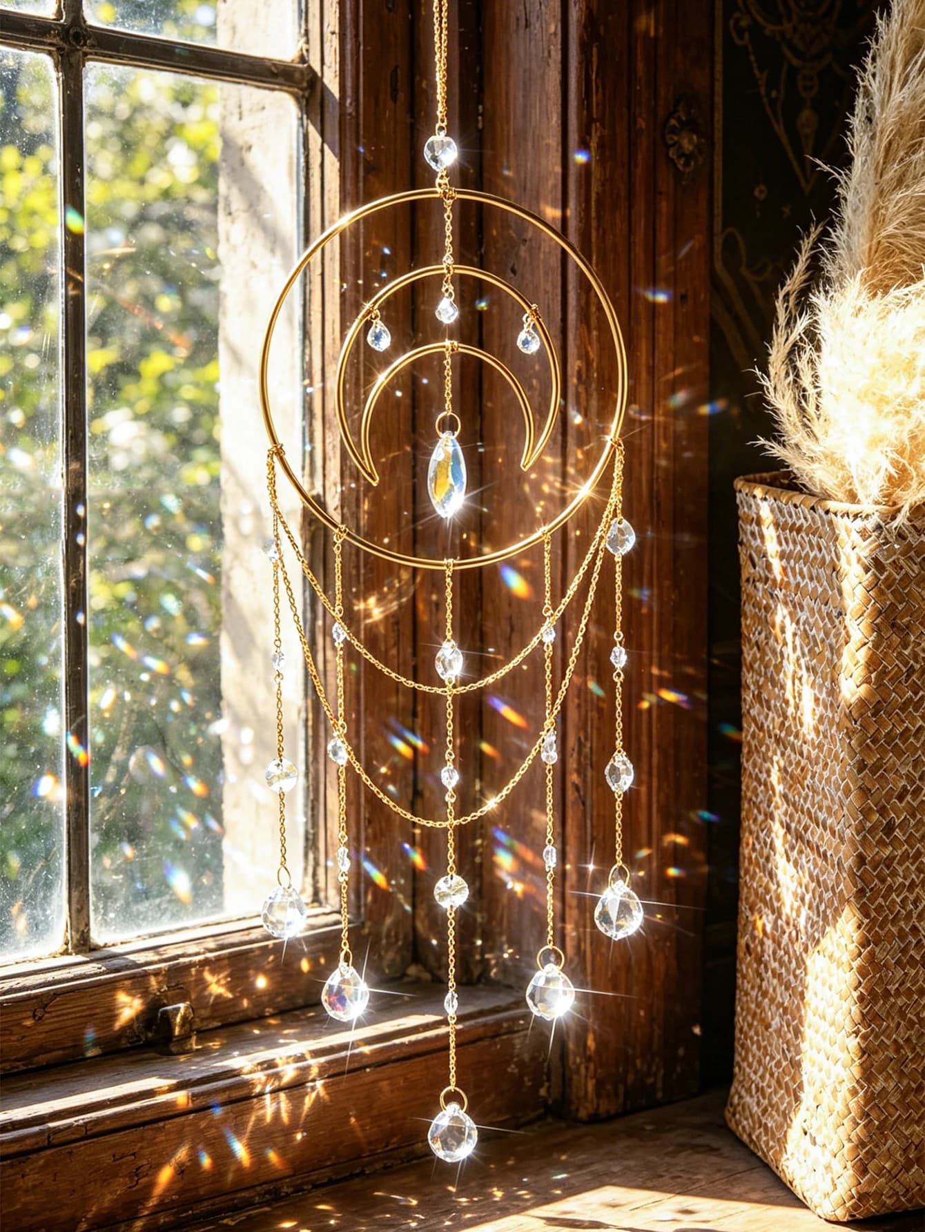 Moon Crystal Suncatcher Rainbow Prism Hanging Sun Catcher Light Catcher for Window Home Garden Boho Aesthetic Room Decor Gift