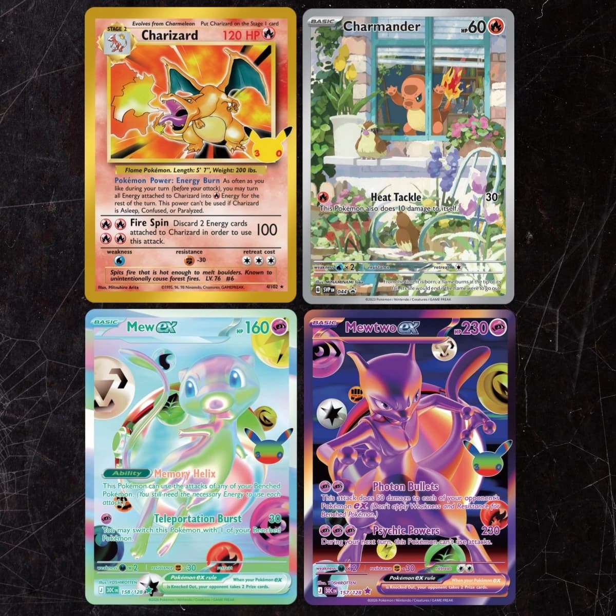 4pcs 30th Anniversary Charizard Charmander Mew ex Mewtwo ex DIY Holographic Texture Cards,Premium Anime Collection Card