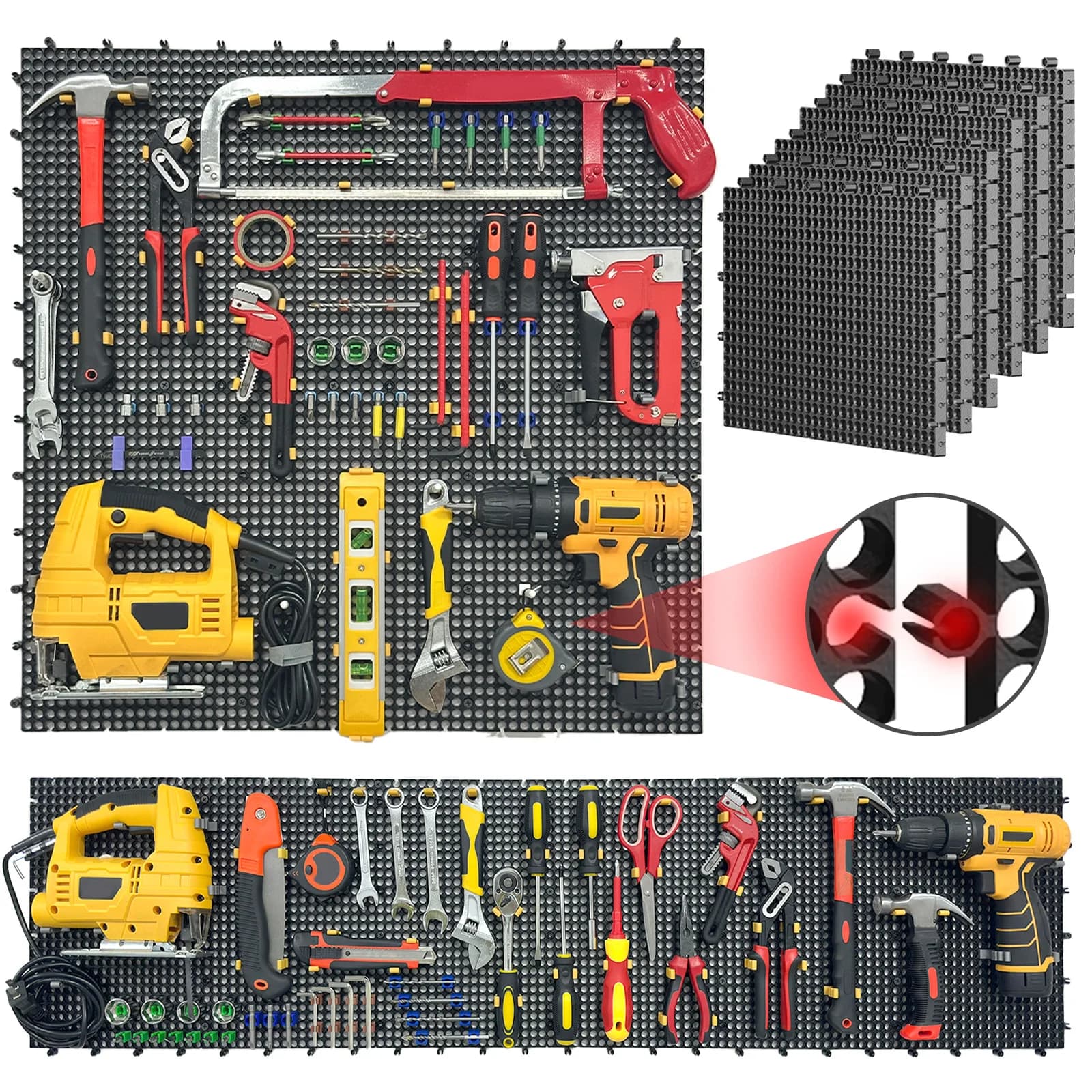 Plastic Pegboard wall storage kit, 6panels black 40 x 91cm, 200 accessories, hooks, clips, and boxes, modular tool storage board