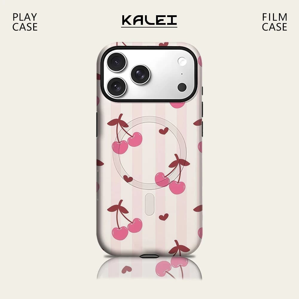 Custodia per iPhone 17 16 15 14 13 Pro Max Plus a strisce rosa con ciliegie, custodia magnetica robusta a strato singolo/doppio