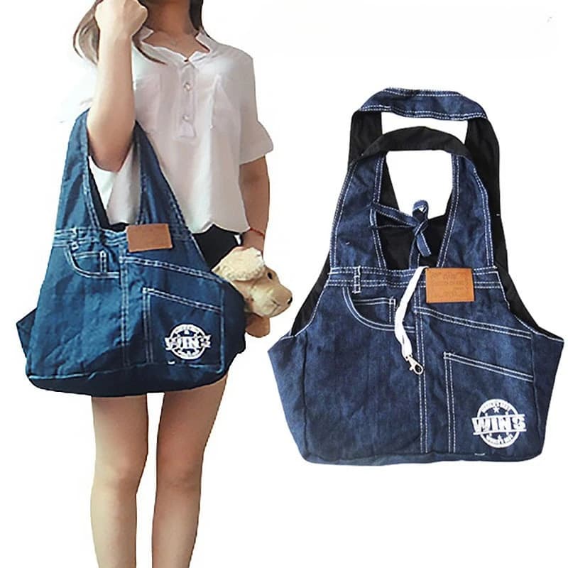Borsa da trasporto per animali domestici in denim Borsa pieghevole per cani e gatti con design Head Out Tracolla portatile traspirante per piccoli animali domestici all'ingrosso
