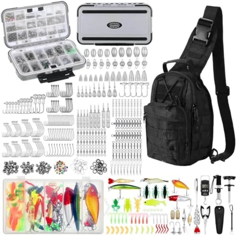 Set da Pesca con 482 Pezzi, Borsa a Tracolla, Scatola Porta Attrezzi, Zaino Portaoggetti, Attrezzatura e Equipaggiamento da Pesca Inclusi, con Estrattore per Ami da Pesca