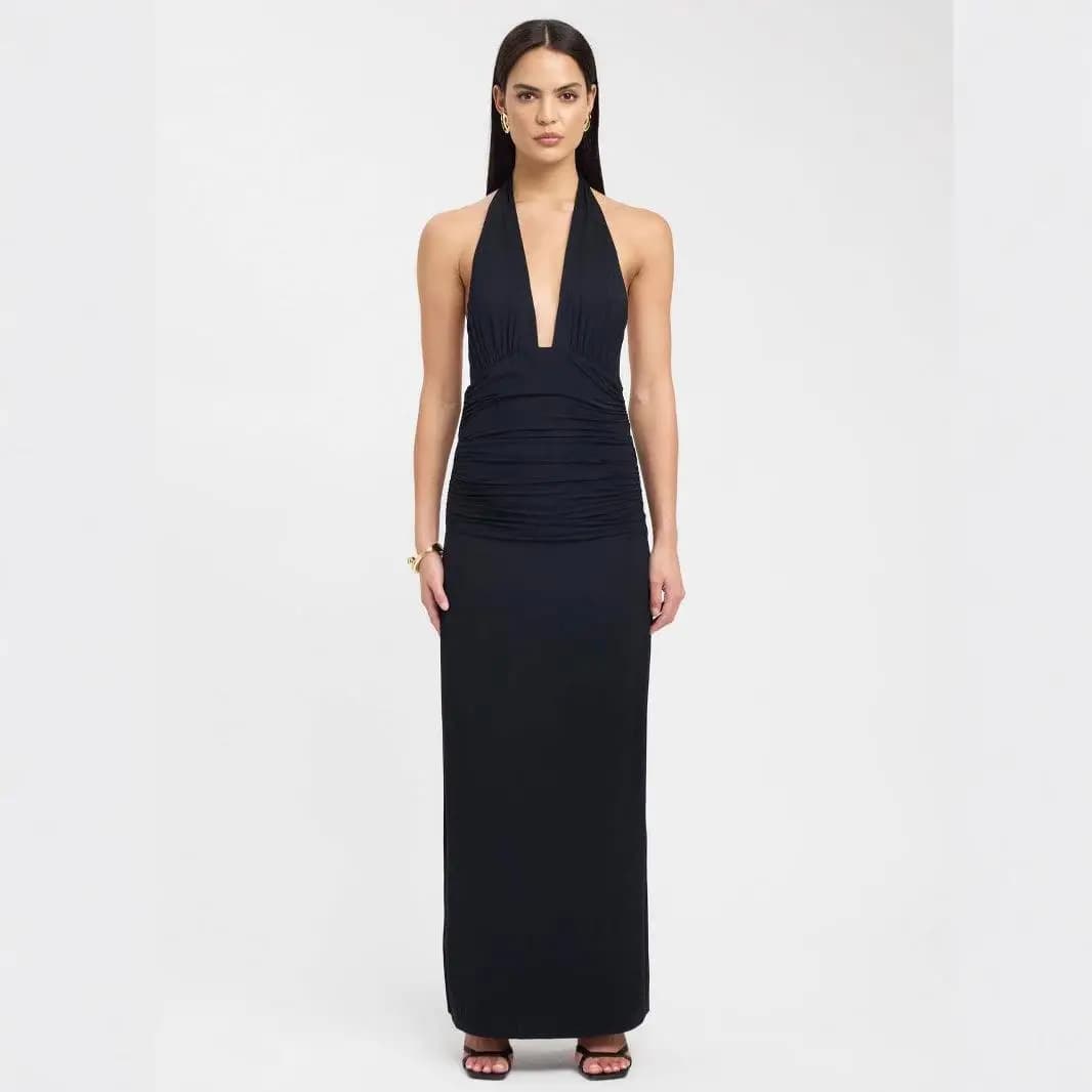 Sexy Deep V Neck Strapless Long Dress Split Pure Color Crossbody High Waist Dress for Women Citywalk Summer New Arrival
