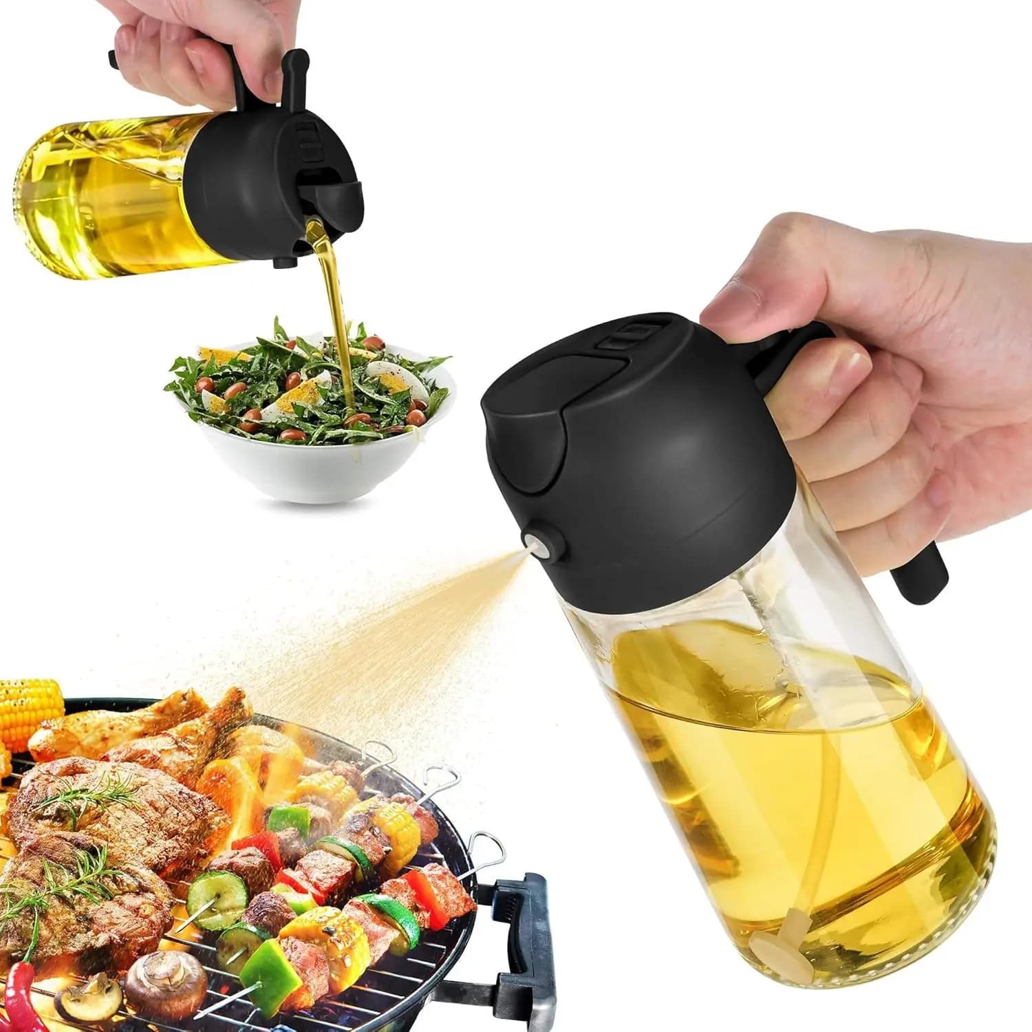 Set di 3 Spruzzatori per Olio in Vetro 2-in-1 e Dispenser per Olio d'Oliva, Bottiglia per Alimenti per Friggitrice ad Aria, Barbecue, Cottura al Forno e Cucina Quotidiana