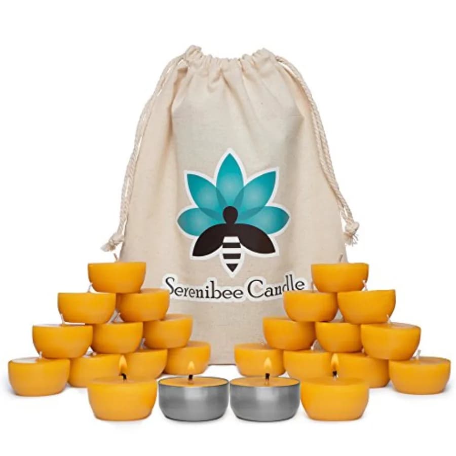 Candele Tealight in Cera d'Api Serenibee con Due Portacandele in Acciaio Riutilizzabili Personalizzati e Borsa in Cotone Ecologica
