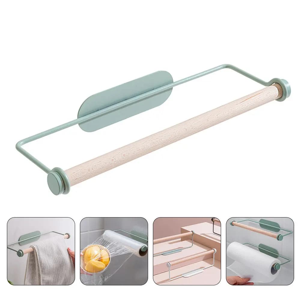 Modern Towel Bar and Paper Roll Holder Beech Wood Iron No Drill Hanging Rack for Kitchen Bathroom