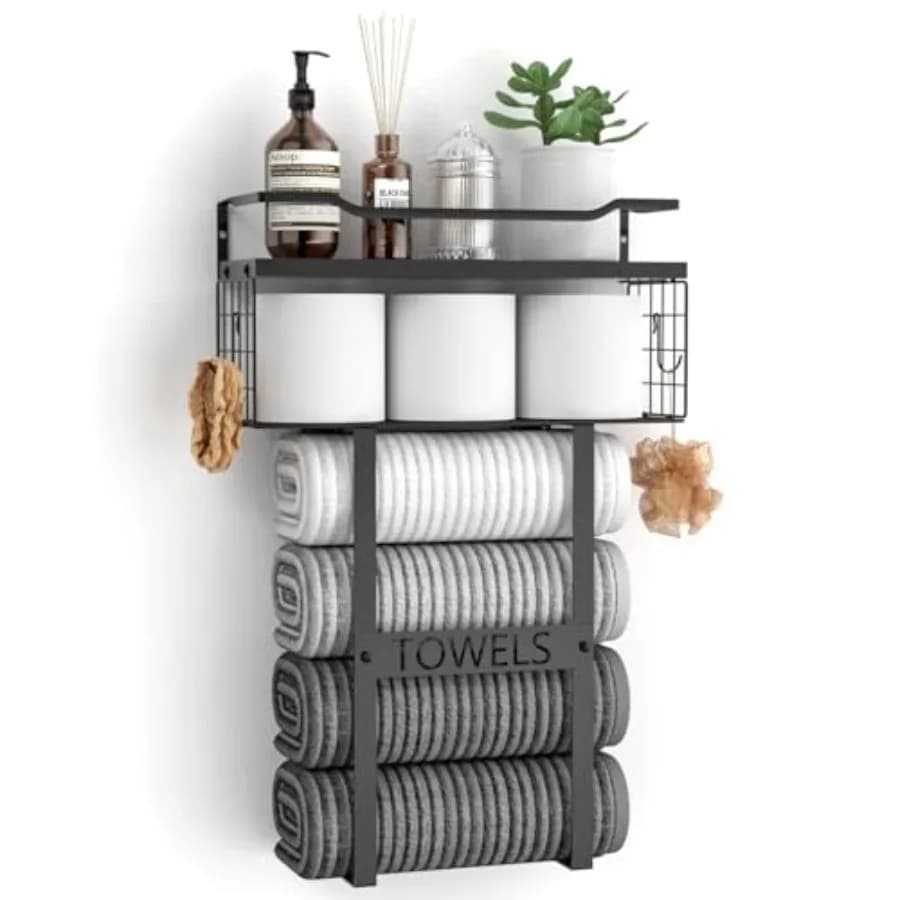 Wall Mounted Towel Rack for Bathroom - Bath Storage Holder Set Above Toilet, Rolled Towel Shelf Organizer, Vertical Rack for Sm