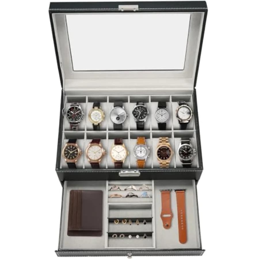 Scatola Portaorologi in Pelle PU con 12 Scomparti e Chiusura, Organizzatore a 2 Livelli, Espositore per Orologi, Cassetto Porta Gioielli per Uomo e Donna
