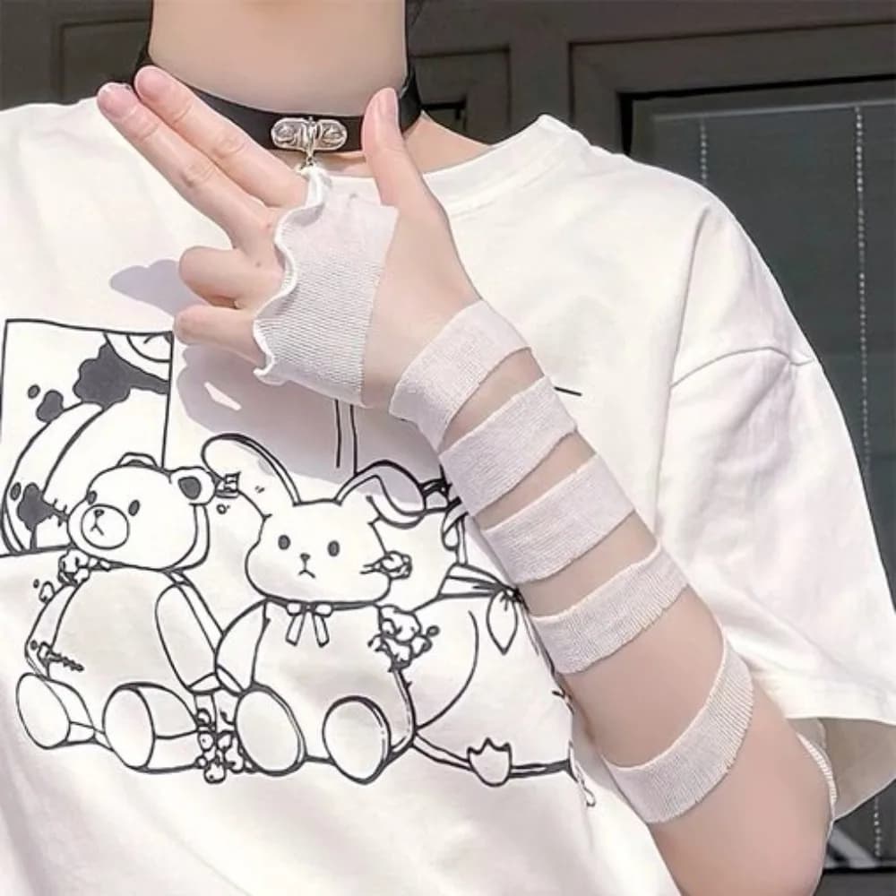 Guanti Senza Dita Y2K alla Moda con Fasce, Polsini Punk, Maniche Elastiche, Guanti Subculturali JK