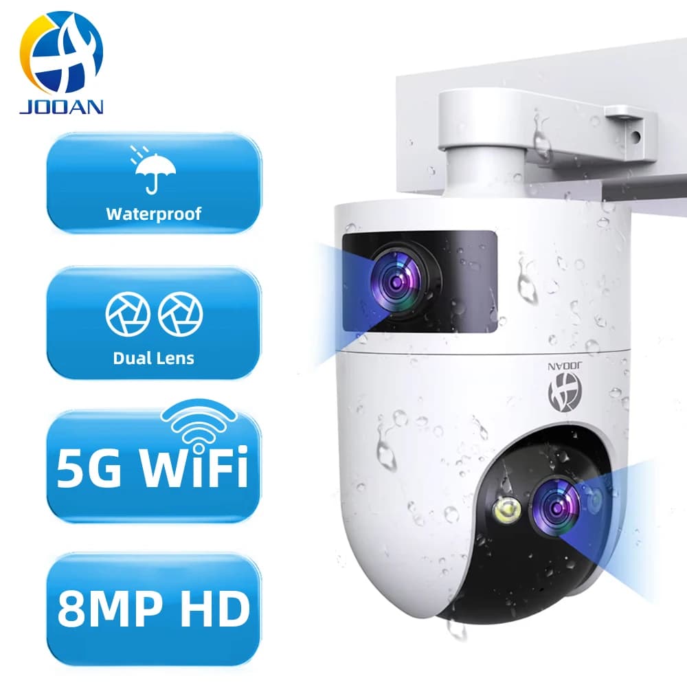 Telecamera di Sorveglianza WiFi HD 8MP Jooan, Doppia Lente, per Esterni, con Tracciamento AI, Protezione di Sicurezza, Monitor Wireless Intelligente per Bambini