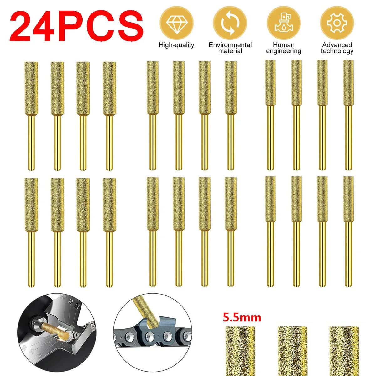 24Pc Diamond Coated Burr Electric Chainsaw Sharpener Burr Carving Grinding Head Rotating File 5.5mm Abrasive Sharpening Tool Set