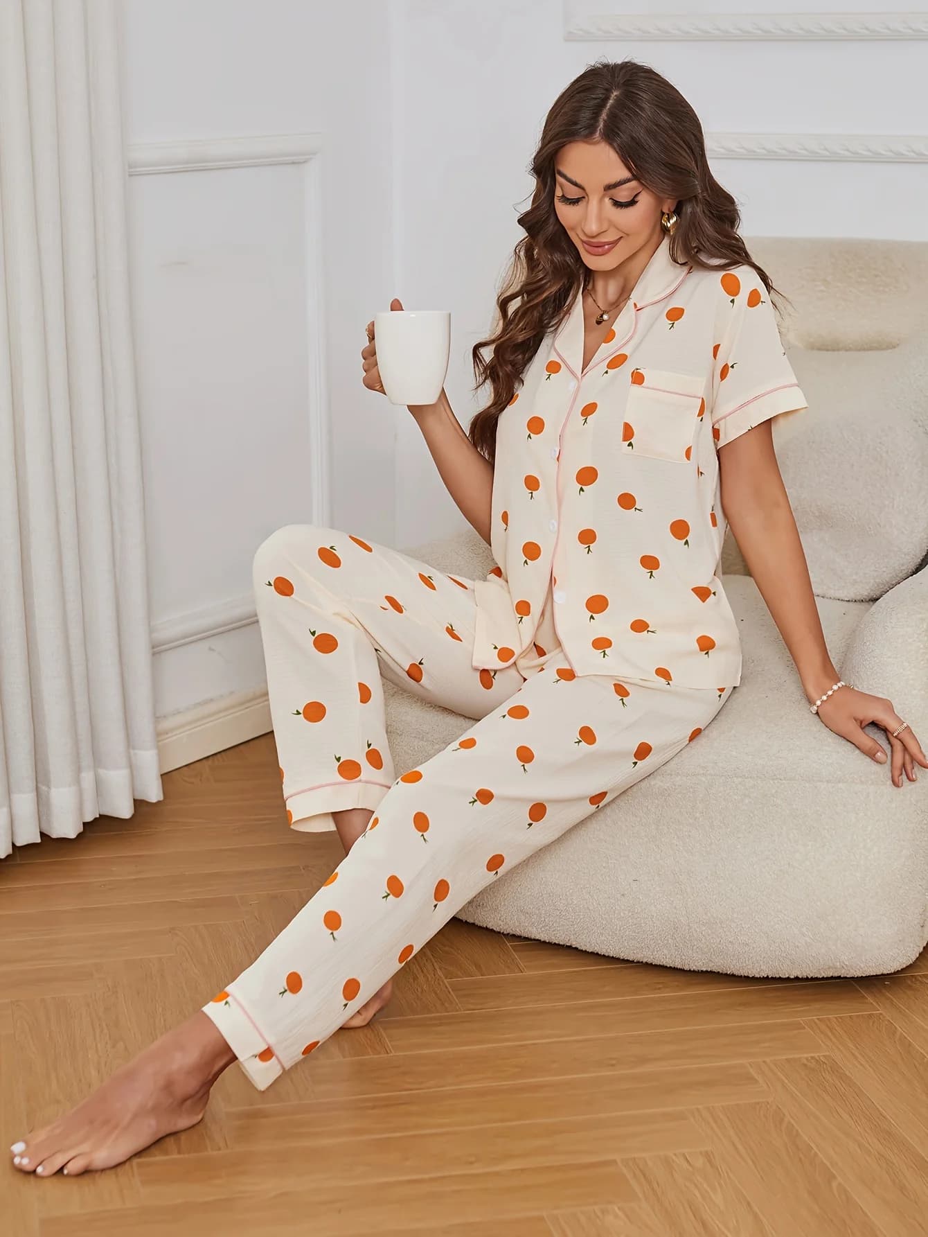 Allover Orange Print Pajama Set Casual Short Sleeve Buttons Lapel Top & Elastic Pants Women's Sleepwear