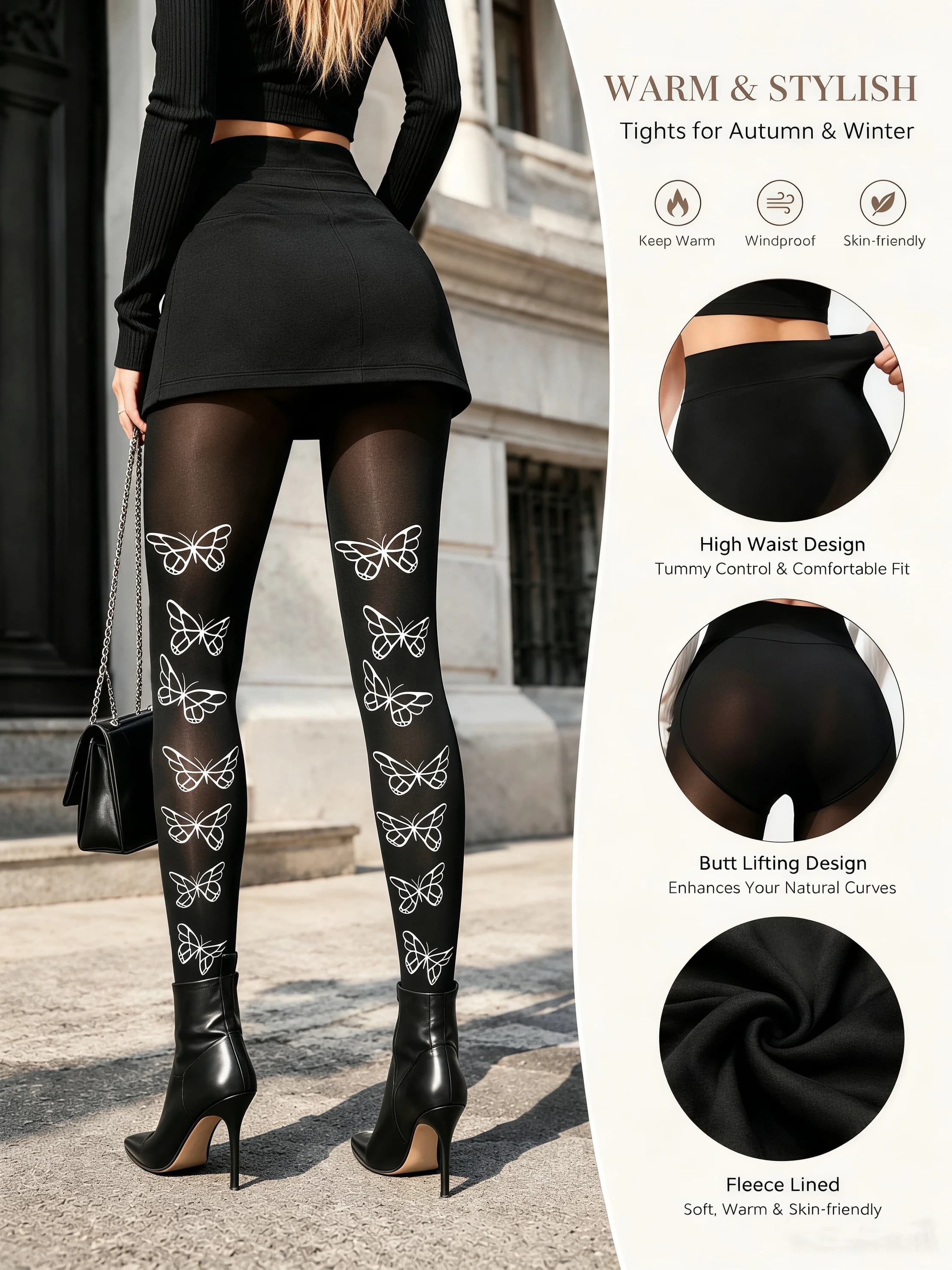 1Pc 80g Unique White Butterfly Print Leggings High Waist High Stretch Trendy Streetwear for Hot Girls Versatile Skinny Pants
