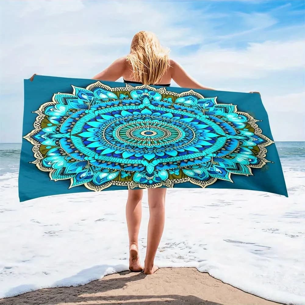 1 pezzo di asciugamano da spiaggia in microfibra bianco con stampa mandala - Tappetino e coperta da yoga oversize, ad asciugatura rapida, leggeri e anti-sabbia per viaggi e piscina